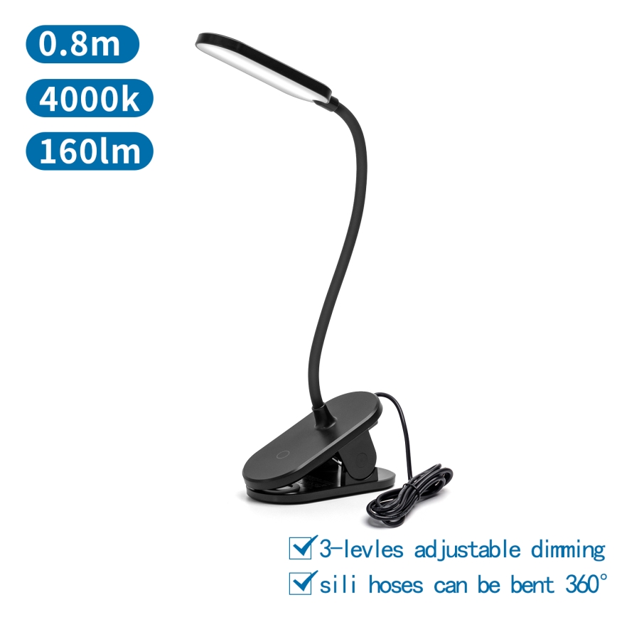 Aigostar - LED Prigušiva stolna lampa s kopčom LED/2,5W/5V crna