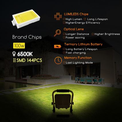 Aigostar - LED Prigušivi punjivi reflektor LED/100W/5V 6500K IP65 1500mAh
