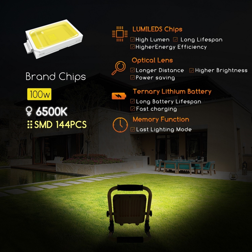 Aigostar - LED Prigušivi punjivi reflektor LED/100W/5V 6500K IP65 1500mAh