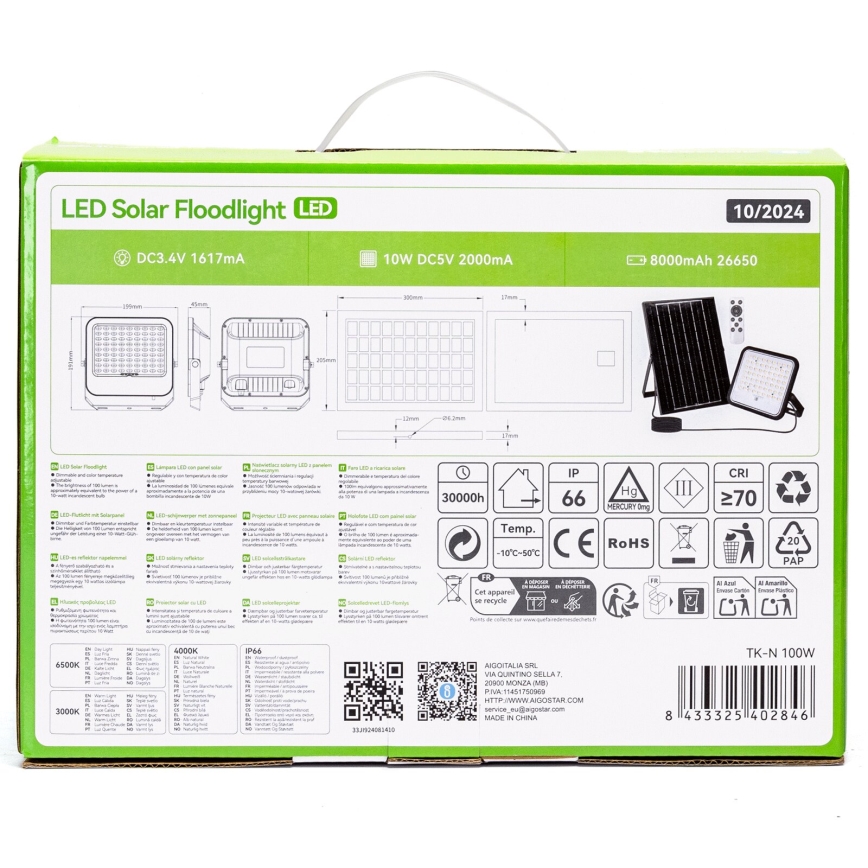 Aigostar - LED Prigušivi solarni reflektor LED/100W/3,4V 3000/4000/6500K IP66 + daljinski upravljač