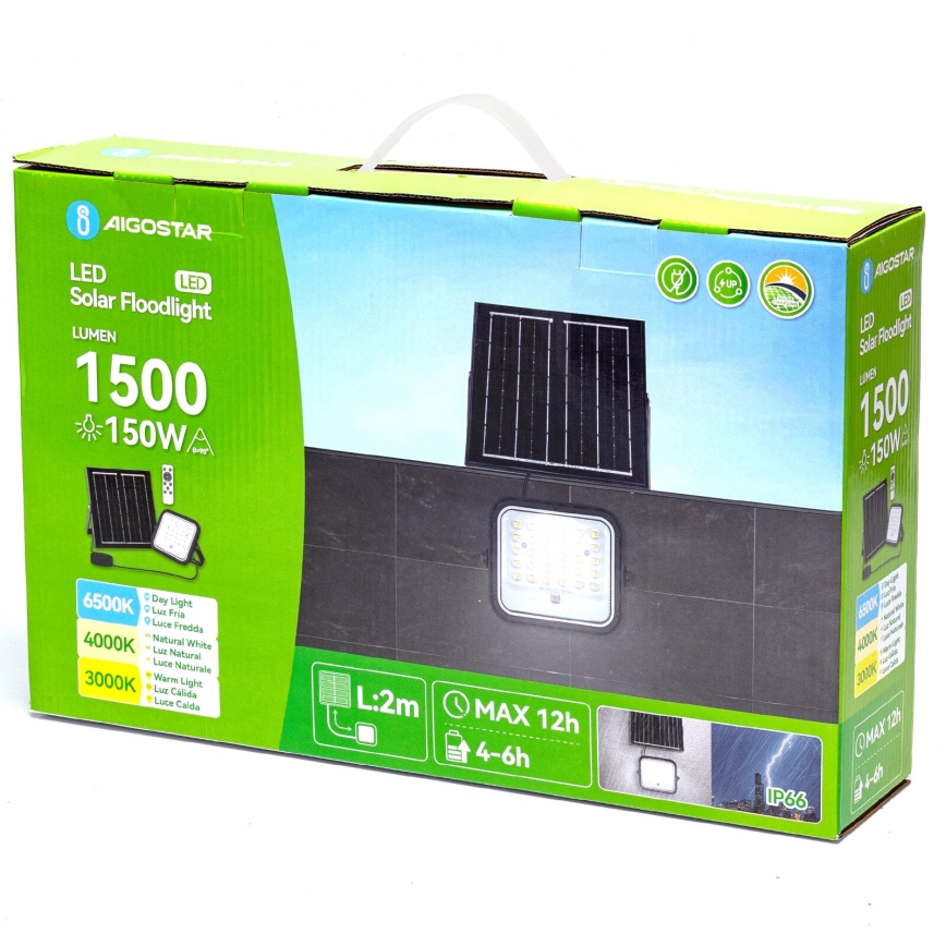 Aigostar - LED Prigušivi solarni reflektor LED/150W/3,4V 3000/4000/6500K IP66 + daljinski upravljač