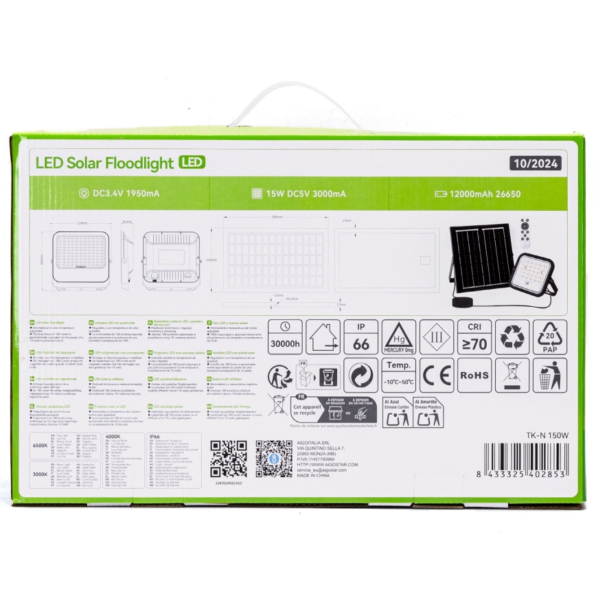 Aigostar - LED Prigušivi solarni reflektor LED/150W/3,4V 3000/4000/6500K IP66 + daljinski upravljač