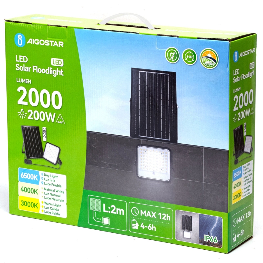 Aigostar - LED Prigušivi solarni reflektor LED/200W/3,4V 3000/4000/6500K IP66 + daljinski upravljač