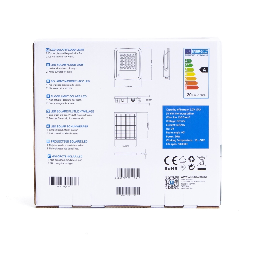 Aigostar - LED Prigušivi solarni reflektor LED/30W/3,2V 20000 mAh IP67 + DU