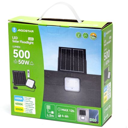 Aigostar - LED Prigušivi solarni reflektor LED/50W/3,4V 3000/4000/6500K IP66 + daljinski upravljač