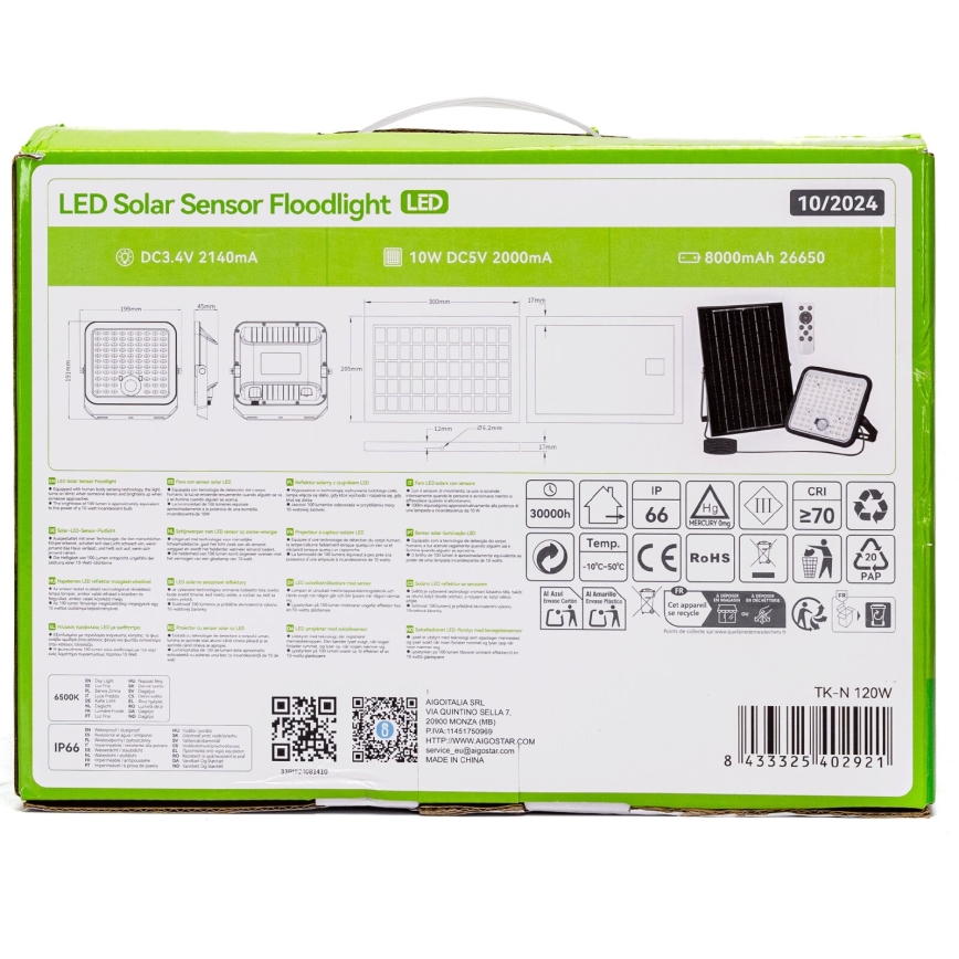 Aigostar - LED Prigušivi solarni reflektor sa senzorom LED/120W/3,4V 6500K IP66 + daljinski upravljač