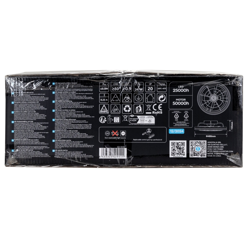 Aigostar - LED Prigušivi stropni ventilator LED/40W/230V 2700-6500K pr. 48 cm + daljinski upravljač crna