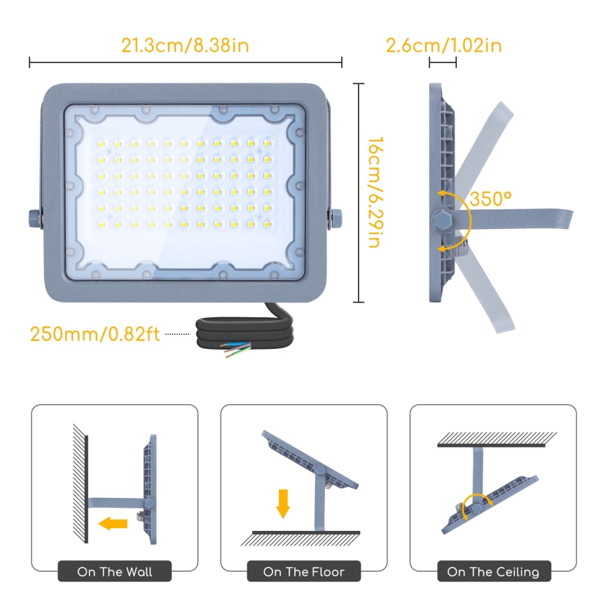 Aigostar - LED Reflektor LED/50W/230V siva 4000K IP65