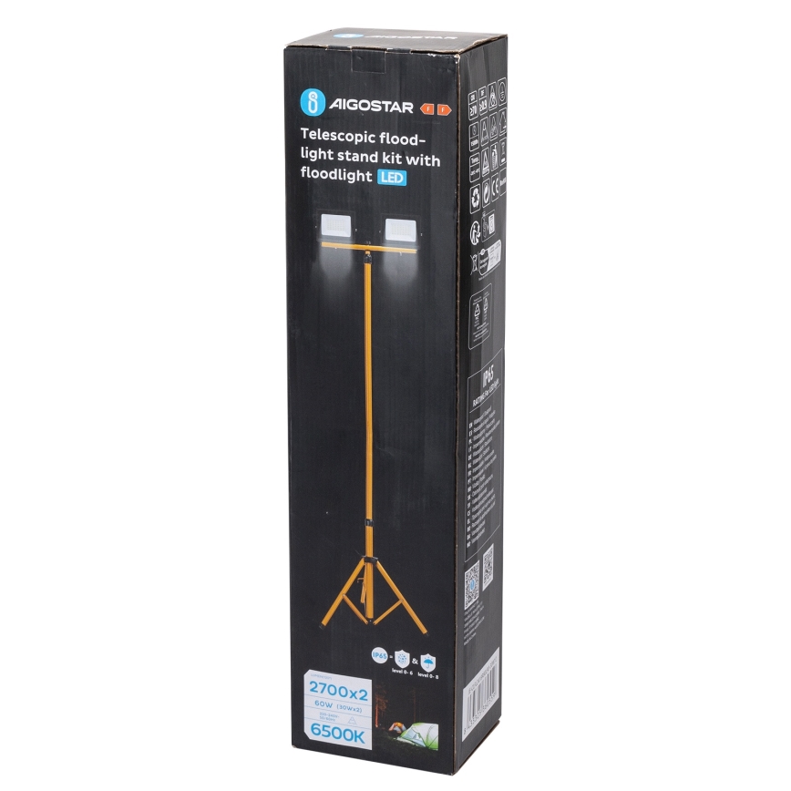 Aigostar - LED reflektor s postoljem 2xLED/30W/230V 6500K IP65 narančasta/crna
