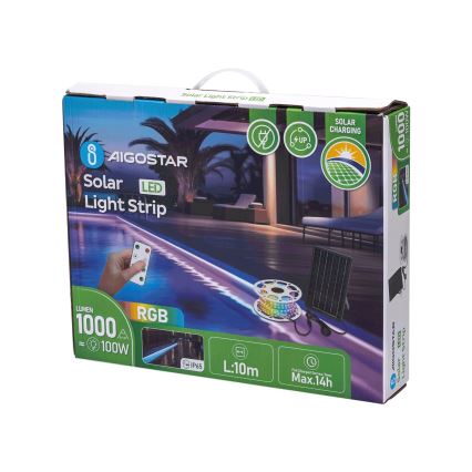 Aigostar - LED RGB Prigušiva solarna traka LED/10W/3,2V 10 m IP65 8000 mAh + daljinski upravljač