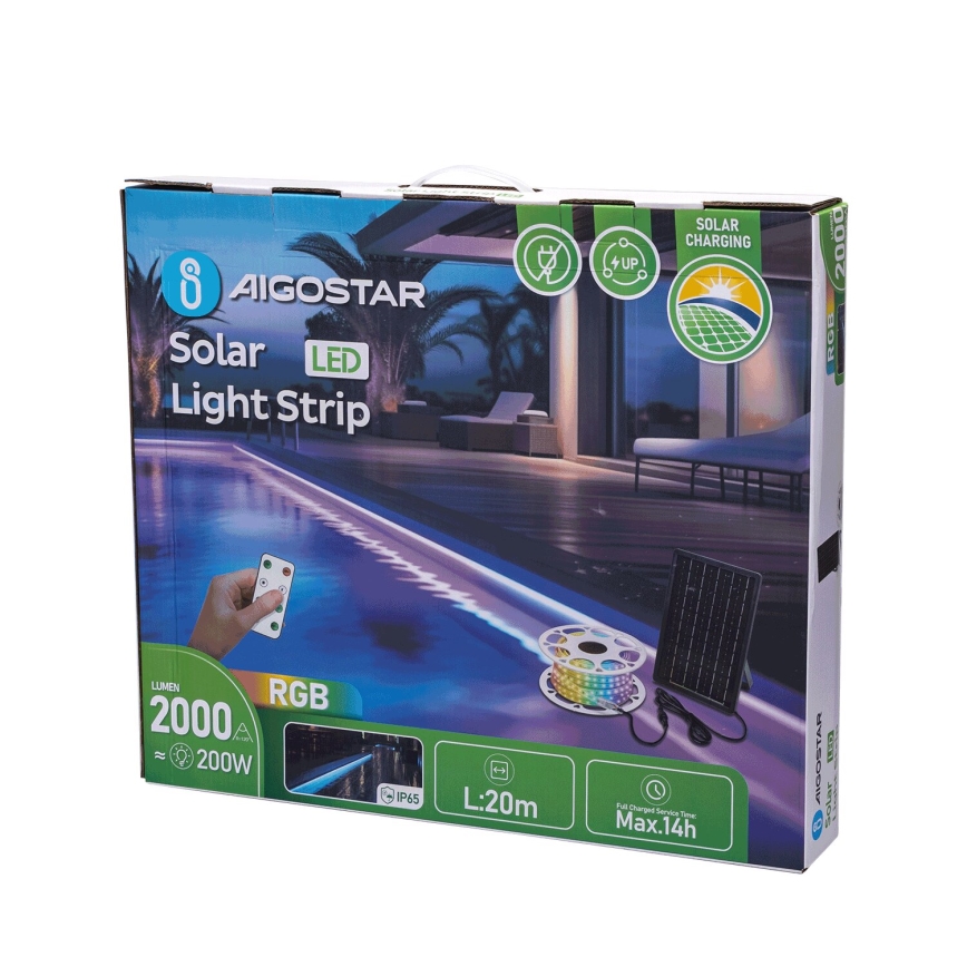 Aigostar - LED RGB Prigušiva solarna traka LED/20W/3,2V 20 m IP65 20000 mAh + daljinski upravljač
