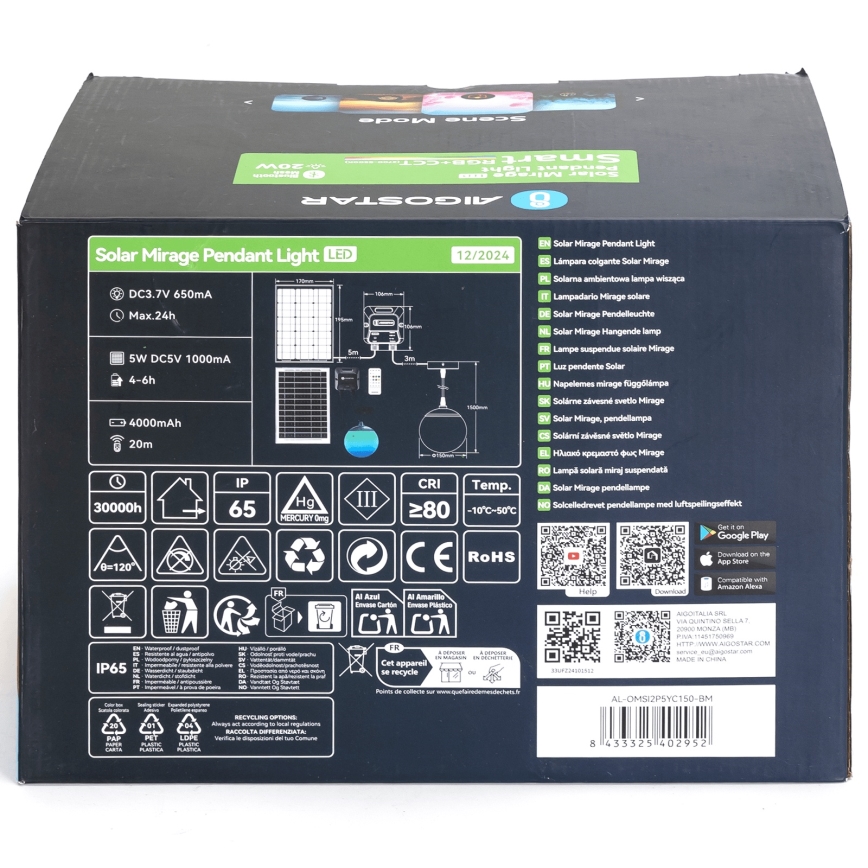 Aigostar - LED RGB Prigušivi solarni luster MESH LED/20W/3,7V 4000 mAh 2700K-6500K IP65 pr. 15 cm