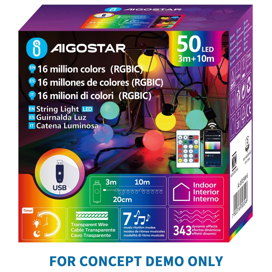 Aigostar - LED RGBIC Dekorativni svjetlosni lanac 25xLED/5W/USB 10 m višebojan