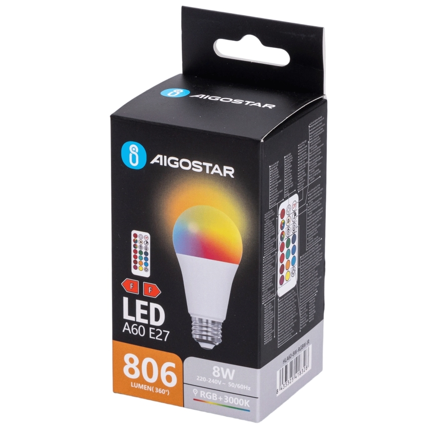 Aigostar - LED RGBW žarulja s mogućnošću prigušivanja A60 E27/8W/230V 3000K + daljinski upravljač