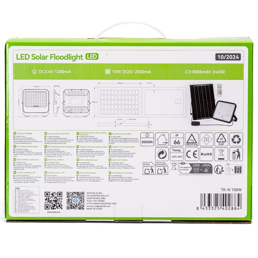 Aigostar - LED RGBW Prigušivi solarni reflektor LED/100W/3,4V IP66 + daljinski upravljač