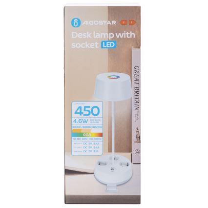 Aigostar - LED RGBW Prilagodiva stolna lampa s utičnicama i USB LED/4,6W/230V 3000/4000/6500K bijela