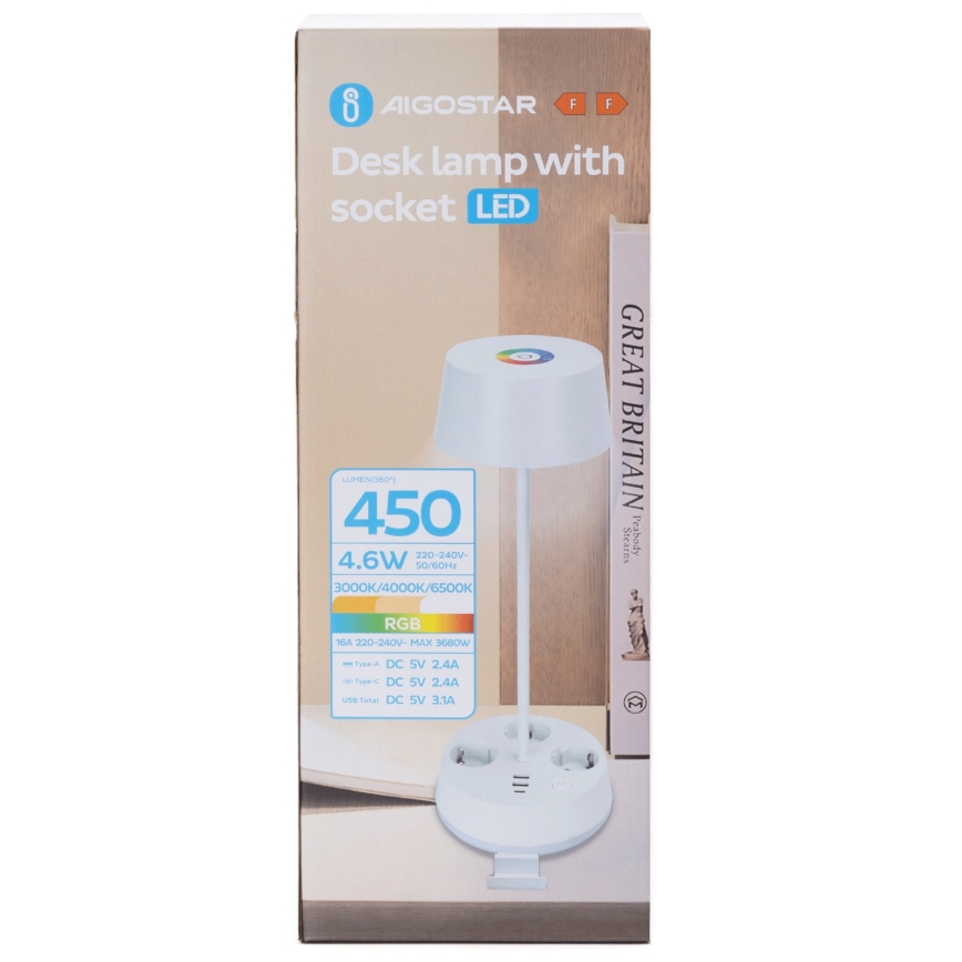Aigostar - LED RGBW Prilagodiva stolna lampa s utičnicama i USB LED/4,6W/230V 3000/4000/6500K bijela