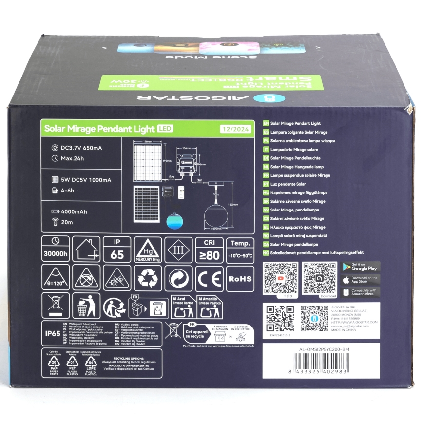 Aigostar - LED RGBW podesivi solarni luster MESH LED/20W/3,7V 4000 mAh 2700K-6500K IP65 promjer 20 cm
