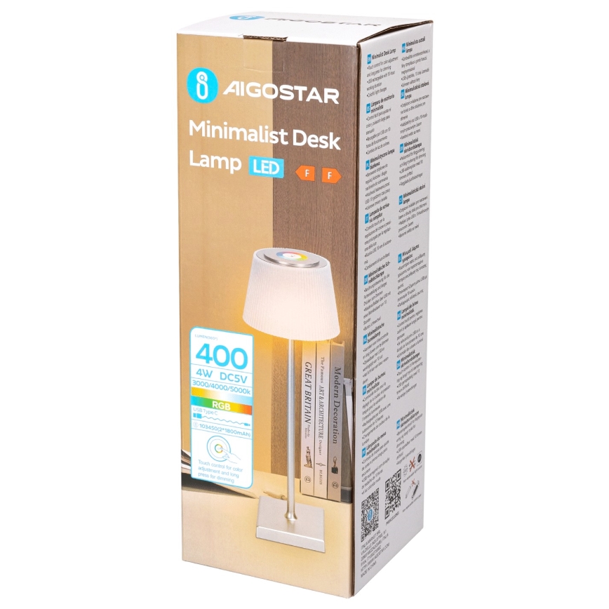 Aigostar - LED RGBW Vanjska prigušiva punjiva stolna lampa LED/4W/5V 3600mAh bijela/mat krom IP54