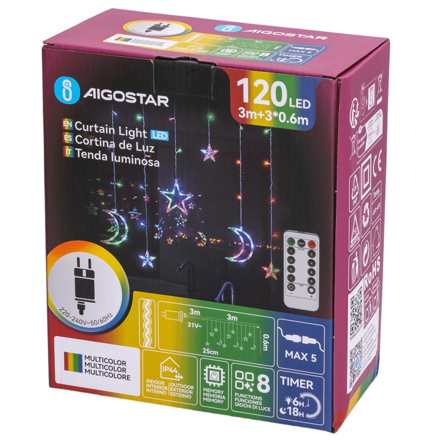 Aigostar - LED RGBY Vanjski božićni LED lanac 120xLED/8 funkcija 3x0,6m IP44 višebojno + daljinski upravljač