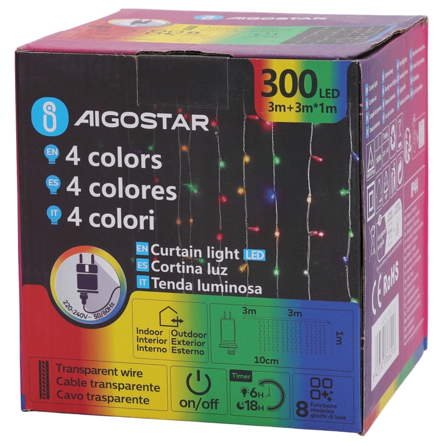 Aigostar - LED RGBY vanjski niz 300xLED/8 funkcija 3x1m IP44 + daljinsko upravljanje