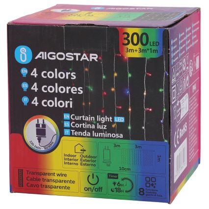 Aigostar - LED RGBY vanjski božićni niz 300xLED/8 funkcija 3x1m IP44 + daljinski upravljač