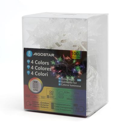 Aigostar - LED RGBY vanjski božićni svjetlosni lanac, 100x LED / 8 funkcija, napajanje 3x AA, 10 m, IP44, u obliku zvijezda