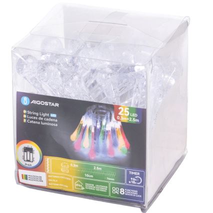Aigostar - LED Vanjski  lanac 25xLED/8 funkcija 3xAA 2,5m IP44 višebojne kapljice