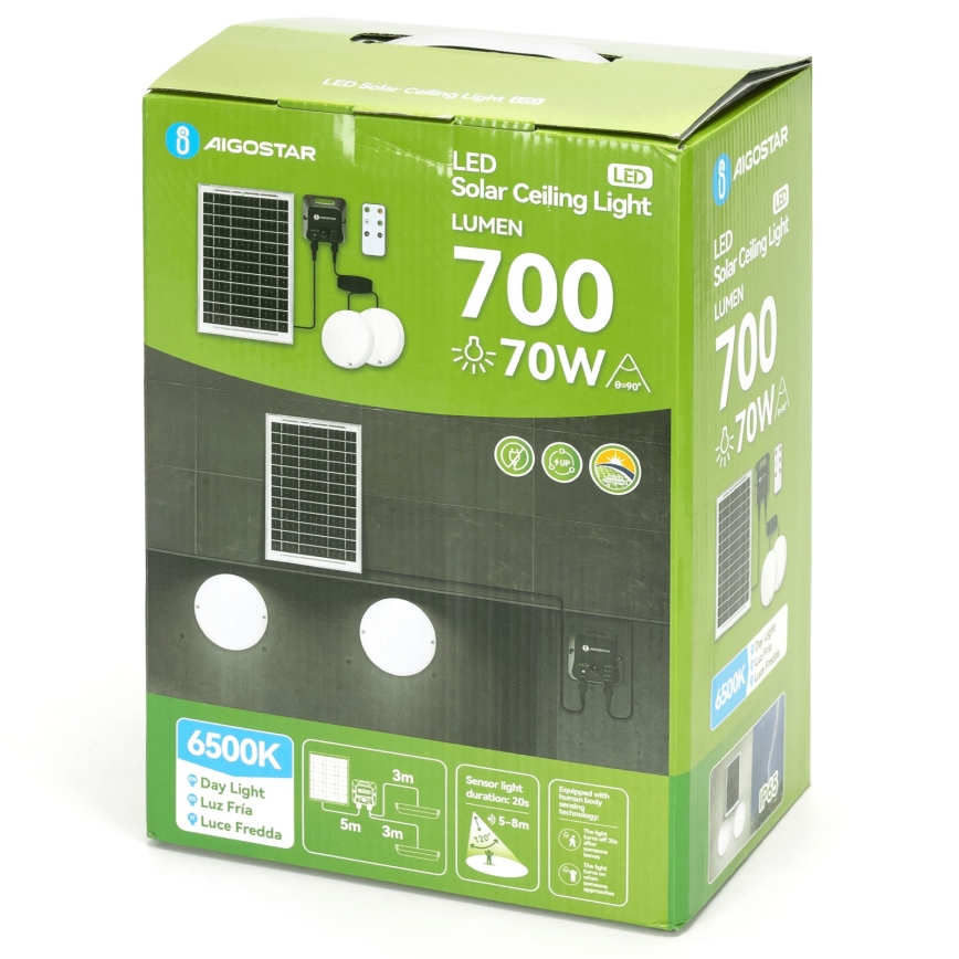 Aigostar - LED solarno stropno svjetlo s senzorom 2xLED/35W/3,7V 6000 mAh IP65 + daljinski upravljač