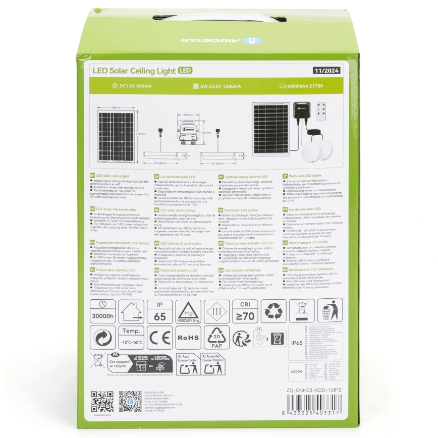 Aigostar - LED solarna svjetiljka 2xLED/35W/12V 6000 mAh 6500K IP65 Ø 16,8 cm + daljinski upravljač