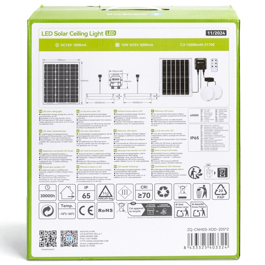 Aigostar - LED Solarna svjetiljka 2xLED/70W/12V 12000 mAh 6500K pr. 20,5 cm + daljinski upravljač
