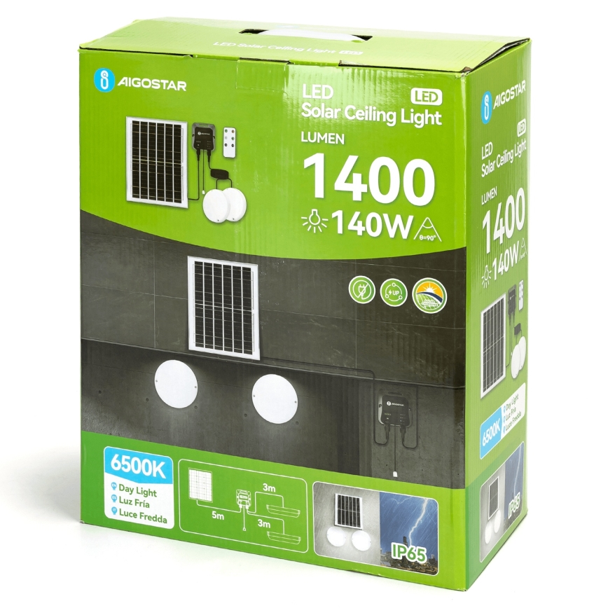 Aigostar - LED solarna svjetiljka 2x LED/70W/12V 12000 mAh 6500K IP65 promjer 20,5 cm + daljinski upravljač