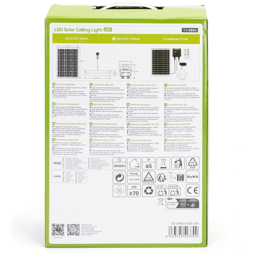 Aigostar - LED solarna svjetiljka LED/70W/12V 6000 mAh 6500K IP65 promjer 20,5 cm + daljinski upravljač