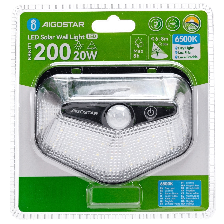 Aigostar - LED solarna svjetiljka sa senzorom LED/3,7V 6500K 500 mAh IP65 crna