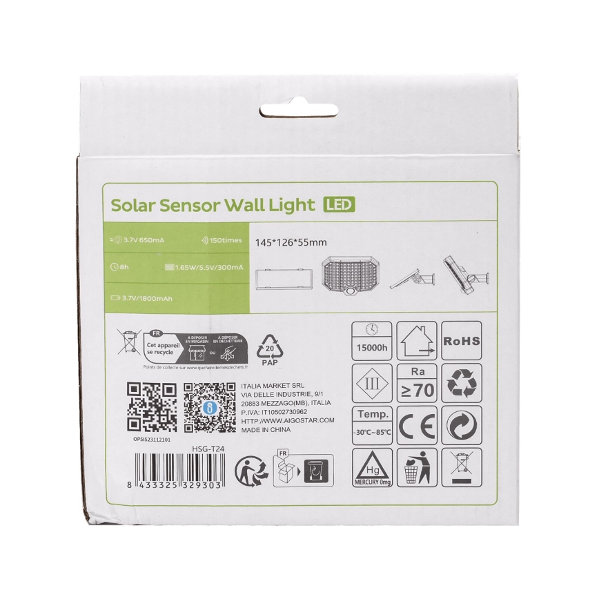 Aigostar - LED Solarna svjetiljka sa senzorom pokreta LED/2,4W/3,7V IP65