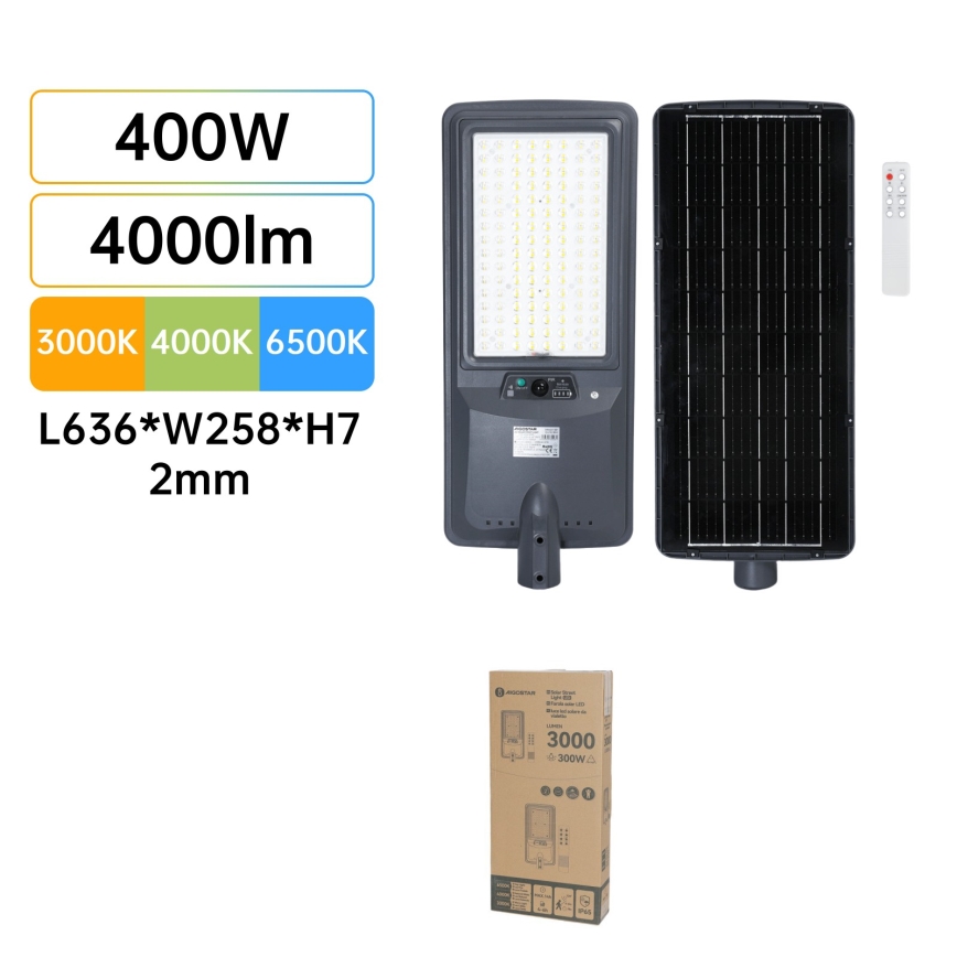 Aigostar - LED Solarna ulična svjetiljka s senzorom LED/400W/3,2V 3000/4000/6500K 4800mAh + daljinski upravljač