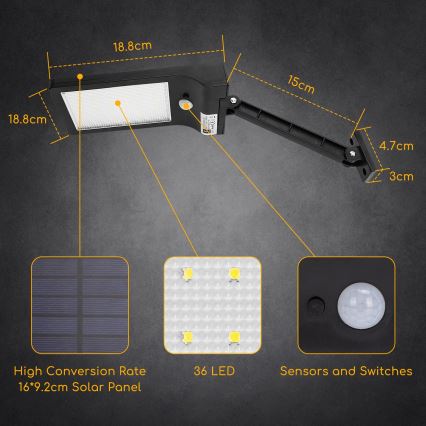 Aigostar - LED Solarna ulična svjetiljka sa senzorom LED/2,3W/5,5V 1800 mAh IP65