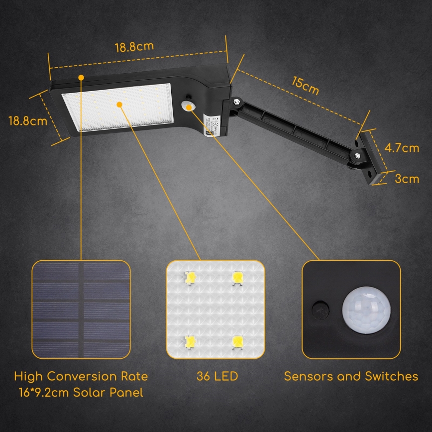 Aigostar - LED Solarna ulična svjetiljka sa senzorom LED/2,3W/5,5V 1800 mAh IP65