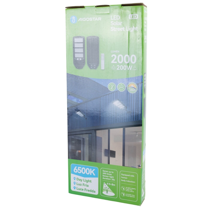 Aigostar - LED Solarna ulična svjetiljka sa senzorom LED/200W/3,2V 12000mAh IP65 6500K + daljinski upravljač