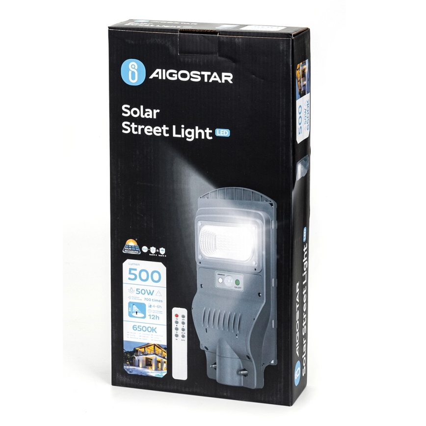 Aigostar - LED Solarna ulična svjetiljka sa senzorom LED/50W/3,2V 5000mAh IP65 6500K + daljinski upravljač