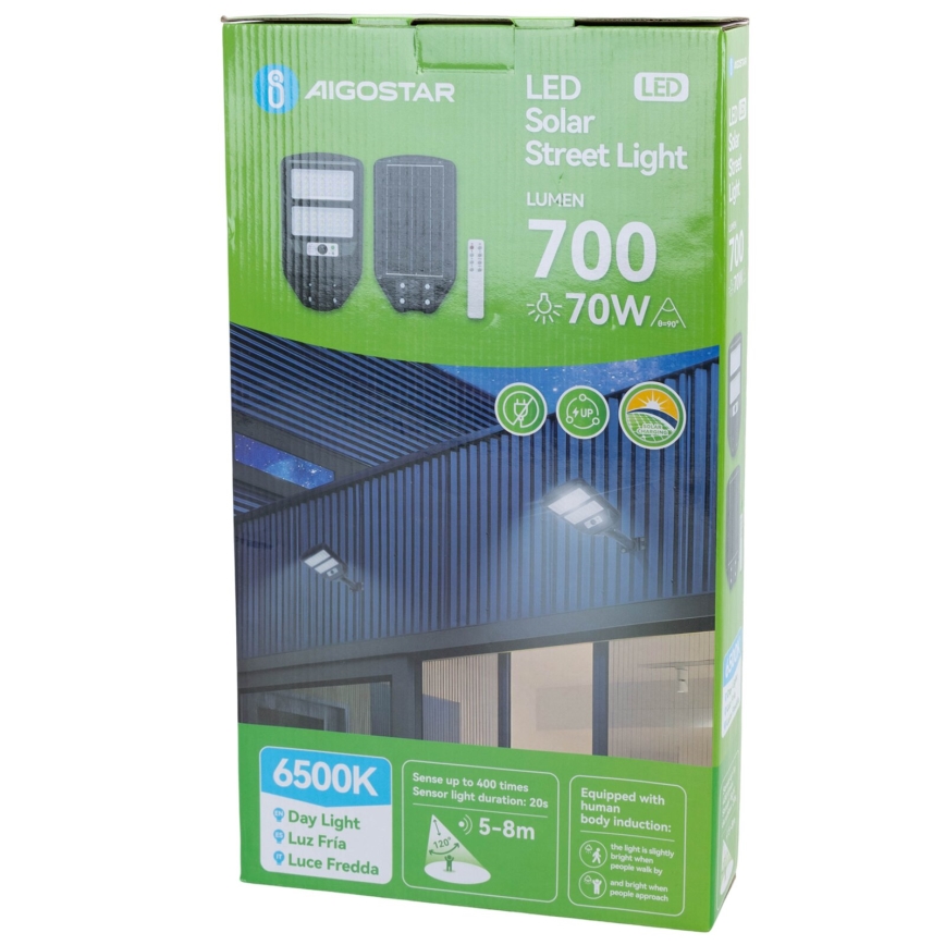 Aigostar - LED Solarna ulična svjetiljka sa senzorom LED/70W/3,2V 4000mAh IP65 6500K + daljinski upravljač