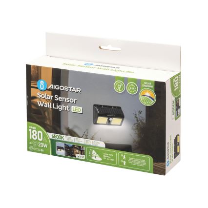 Aigostar - LED Solarna zidna svjetiljka sa senzorom LED/20W/5,5V 2400 mAh 6500K IP65
