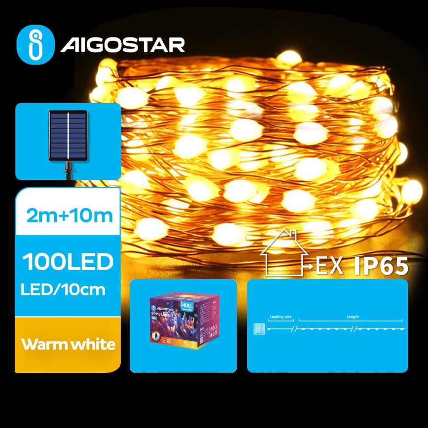 Aigostar - LED Solarne božićne lampice 100xLED/8 funkcija 12m 800 mAh IP65 topla bijela