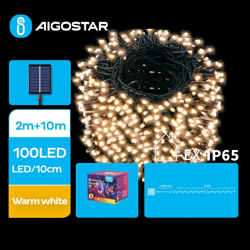 Aigostar - LED Solarne božićne lampice 100xLED/8 funkcija 12m IP65 topla bijela 800 mAh