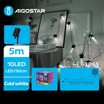 Aigostar - LED Solarne božićne lampice 10xLED/8 funkcija 6,5m IP65 hladna bijela