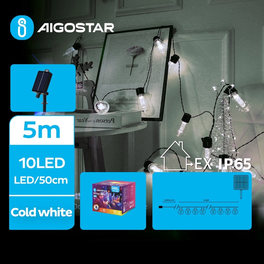 Aigostar - LED Solarne božićne lampice 10xLED/8 funkcija 6,5m IP65 hladna bijela