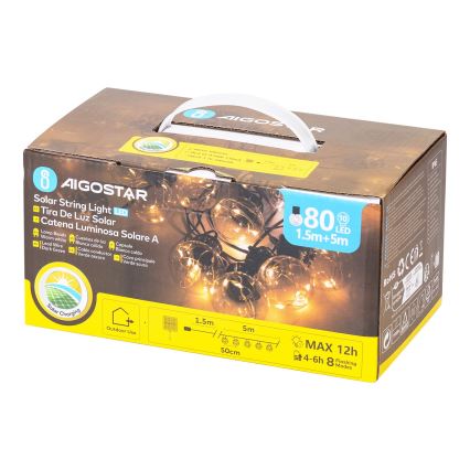 Aigostar - LED Solarne božićne lampice 10xLED/8 funkcija 6,5m IP65 500 mAh topla bijela