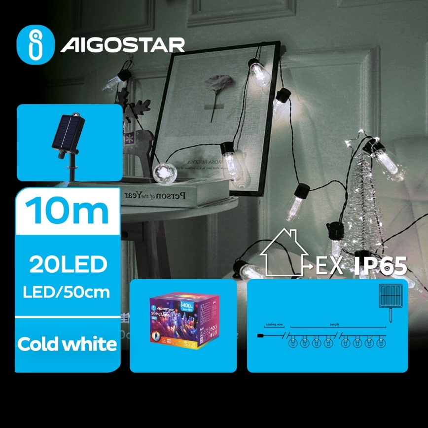 Aigostar - LED Solarne božićne lampice 20xLED/8 funkcija 11,5m IP65 hladna bijela