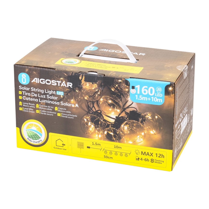 Aigostar - LED Solarne božićne lampice 20xLED/8 funkcija 11,5m IP65 topla bijela