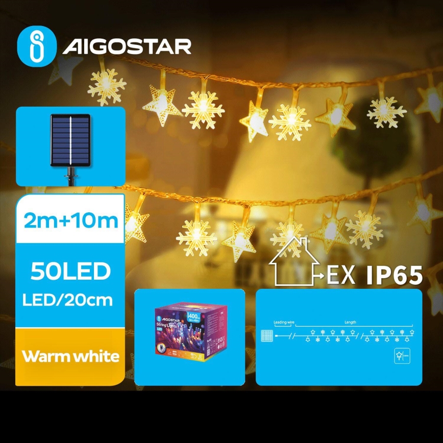 Aigostar - LED Solarne božićne lampice 50xLED/8 funkcija 12m 800mAh IP65 topla bijela